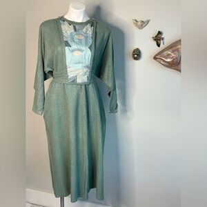 Vintage 1960s Raw silk/Linen QUILTED removable Bib Dress Large ONE OF A KIND